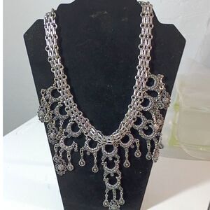 Silver Tone Openwork Bib Collar Necklace Antique Black Patina Finish